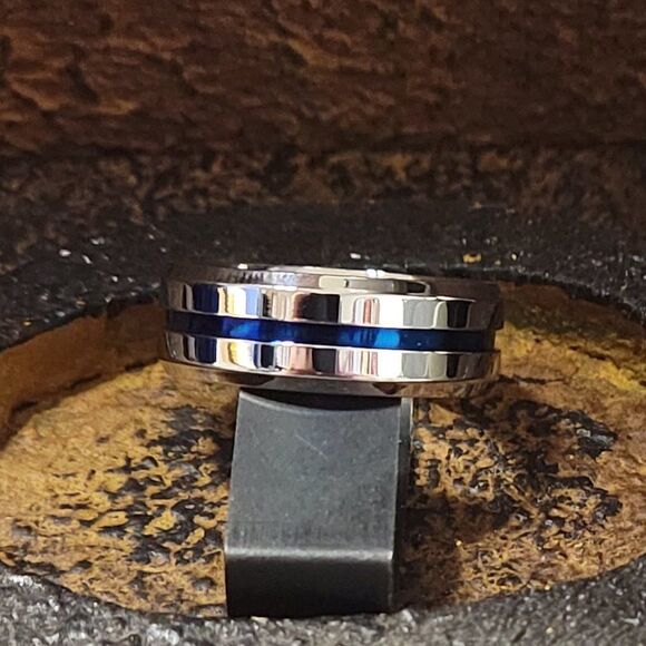 Men's Wedding Ring Band - Silver with Blue Line Center Groove Blue Line Ring - Picture 4 of 5